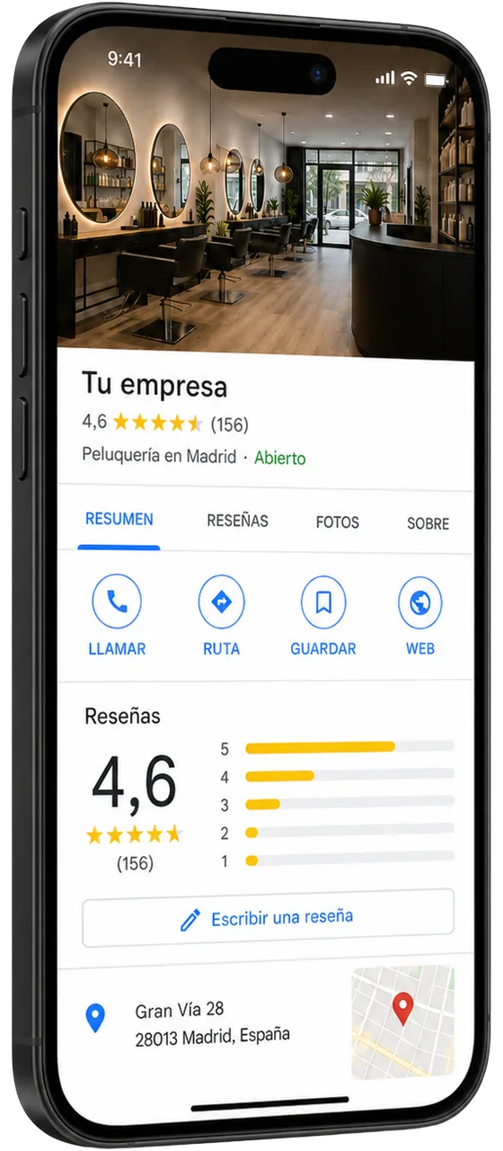 Smartphone que muestra el perfil de Google Business de una peluquería en Madrid («Tu empresa») con 4,6 de 5 estrellas.